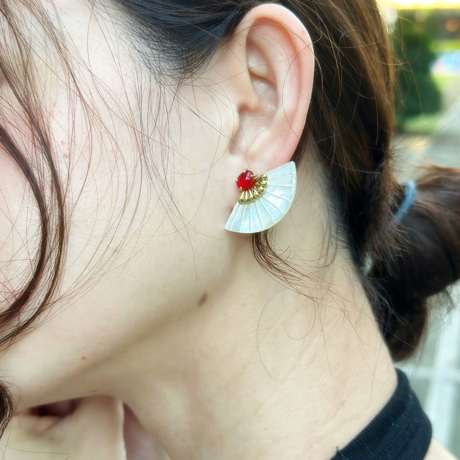 Pamaypay Earrings in Red and Mother of Pearl (Pre-Order)